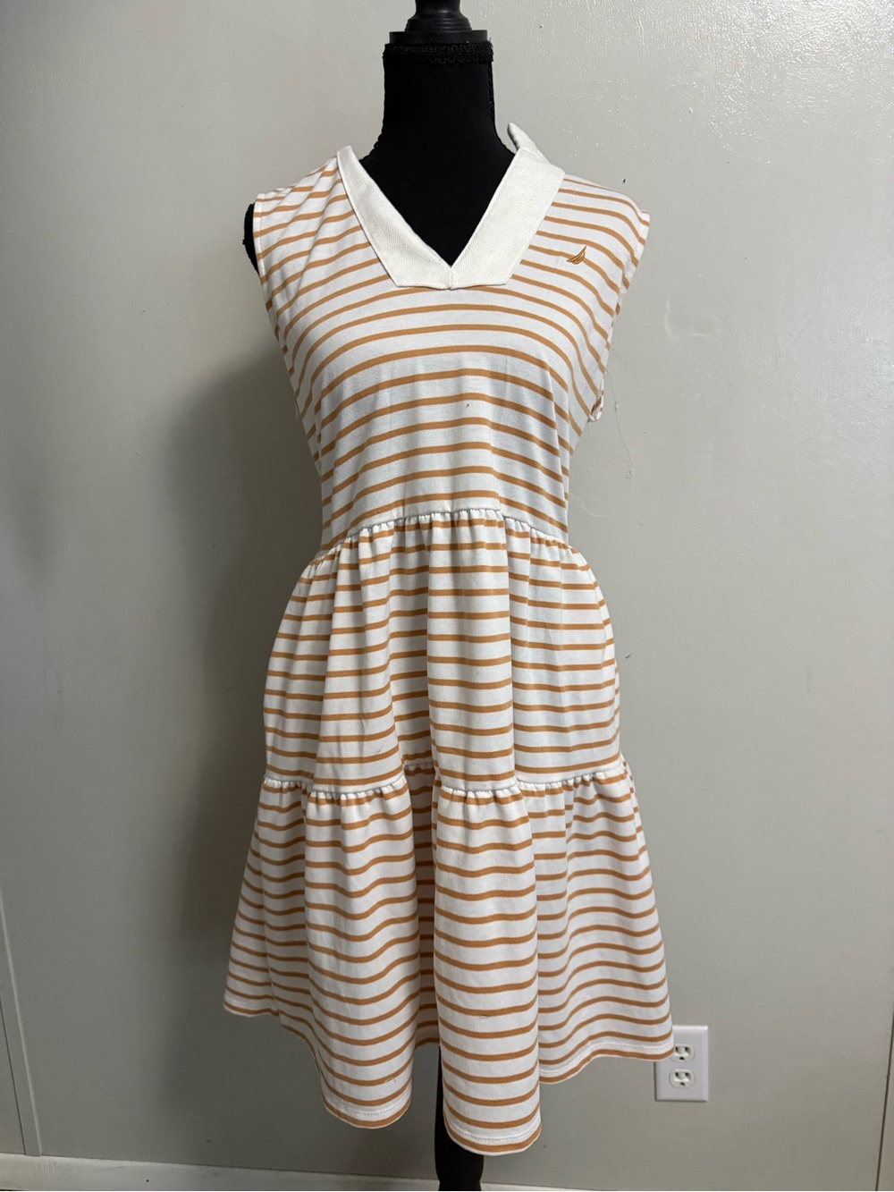 Nautica Cream & Tan Striped Sleeveless V-Neck Tiered Dress